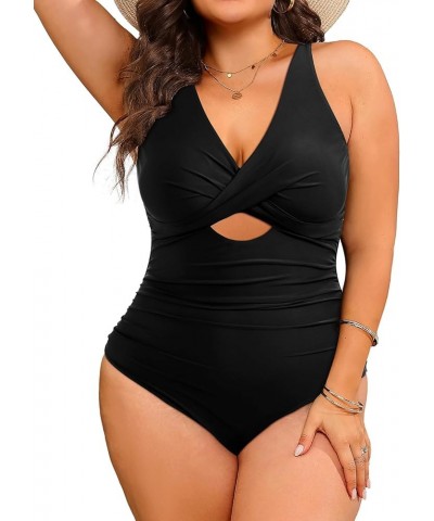 Women Plus Size One Piece Swimsuits V Neck Tummy Control Bathing Suits Front Cross Swimwear Solid Black $16.79 Swimsuits