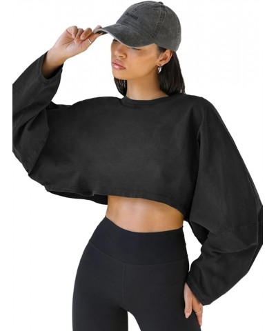 Women Long Sleeve Cropped Sweat Shirts Drop Shoulder Oversized Crewneck Y2k Tees Pullover Tops Black $14.21 Hoodies & Sweatsh...