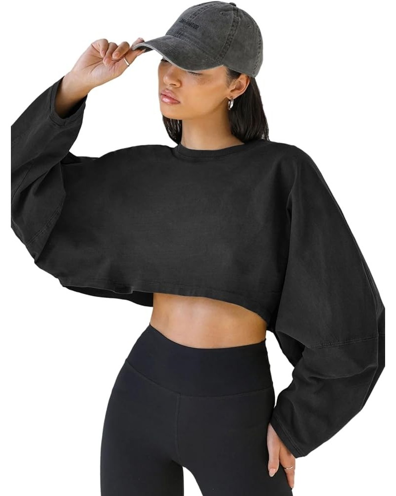 Women Long Sleeve Cropped Sweat Shirts Drop Shoulder Oversized Crewneck Y2k Tees Pullover Tops Black $14.21 Hoodies & Sweatsh...