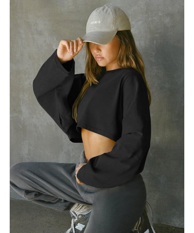 Women Long Sleeve Cropped Sweat Shirts Drop Shoulder Oversized Crewneck Y2k Tees Pullover Tops Black $14.21 Hoodies & Sweatsh...