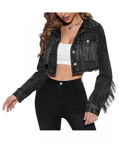 Women's Casual Fringe Jean Jacket Cropped Denim Jacket Distressed Long Sleeve Tassel Jean Coat Black $22.55 Jackets