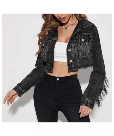 Women's Casual Fringe Jean Jacket Cropped Denim Jacket Distressed Long Sleeve Tassel Jean Coat Black $22.55 Jackets