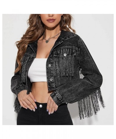 Women's Casual Fringe Jean Jacket Cropped Denim Jacket Distressed Long Sleeve Tassel Jean Coat Black $22.55 Jackets