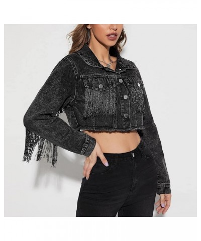 Women's Casual Fringe Jean Jacket Cropped Denim Jacket Distressed Long Sleeve Tassel Jean Coat Black $22.55 Jackets