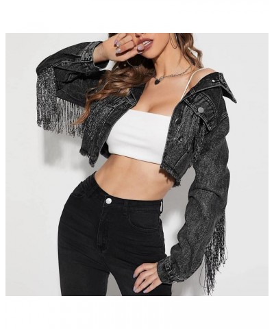 Women's Casual Fringe Jean Jacket Cropped Denim Jacket Distressed Long Sleeve Tassel Jean Coat Black $22.55 Jackets