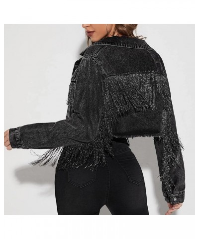 Women's Casual Fringe Jean Jacket Cropped Denim Jacket Distressed Long Sleeve Tassel Jean Coat Black $22.55 Jackets