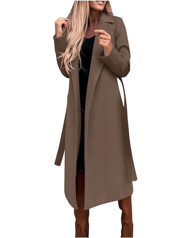 Women's Elegant Wool Blend Trench Coat With Belt Winter Notch Collar Open Front Long Jacket Ladies Fashion Pea Coats X03-brow...