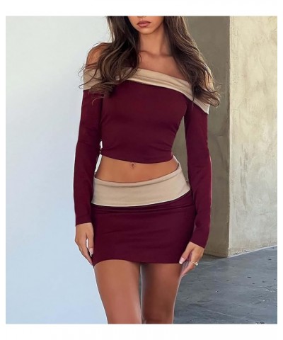 Women Sexy 2 Piece Skirt Sets Y2K Slim Fit Crop Tops Low Waist Bodycon Mini Skirts Outfit Party Streetwear Yl-burgundy $9.02 ...