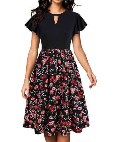 Vintage Floral Dress for Women Round Neck Keyhole Ruffle Short Sleeves Fit and Flare Casual Party Dress with Pockets Black Pi...