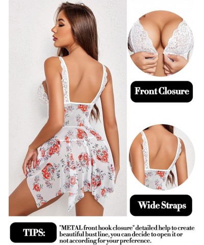 Women Lace Lingerie Front Closure Babydoll V Neck Nightwear Sexy Chemise Nightie Peony Print $10.25 Lingerie