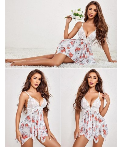 Women Lace Lingerie Front Closure Babydoll V Neck Nightwear Sexy Chemise Nightie Peony Print $10.25 Lingerie