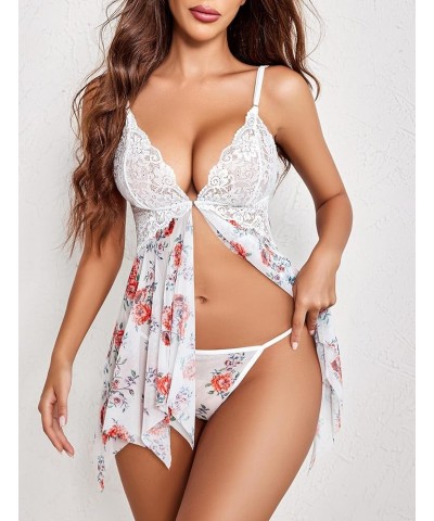 Women Lace Lingerie Front Closure Babydoll V Neck Nightwear Sexy Chemise Nightie Peony Print $10.25 Lingerie