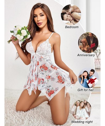 Women Lace Lingerie Front Closure Babydoll V Neck Nightwear Sexy Chemise Nightie Peony Print $10.25 Lingerie