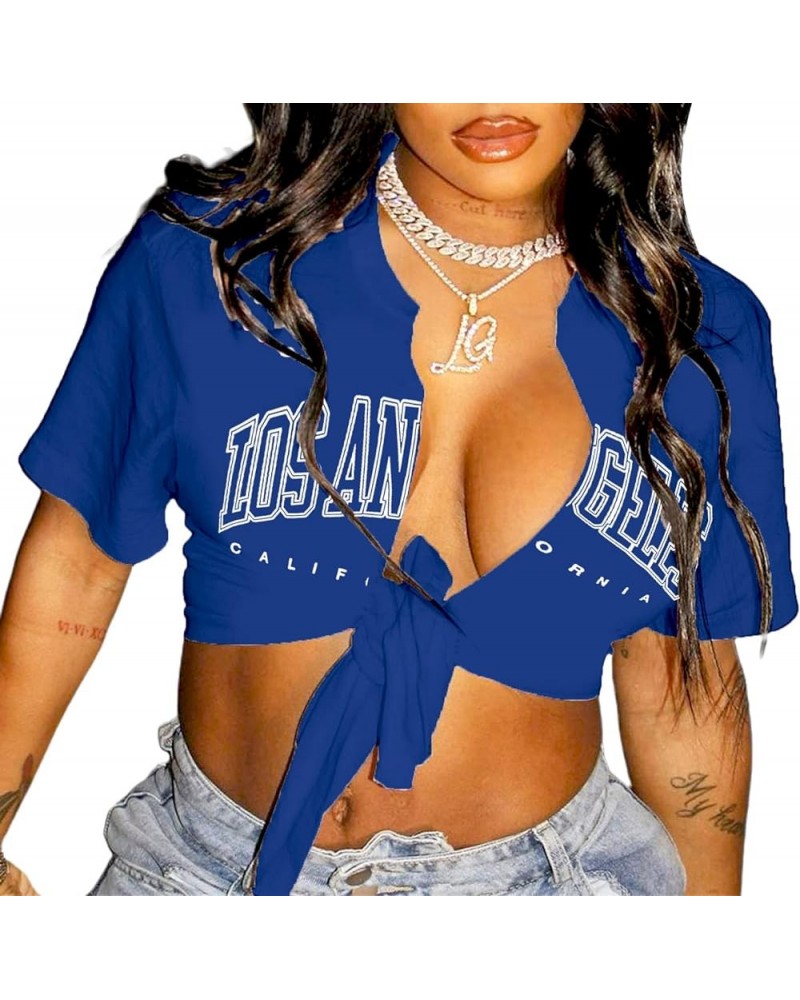 Womens Sexy Tie Front Crop Top Short Sleeve Graphic Tee Shirt Clubwear Letter Royal Blue $9.35 T-Shirts