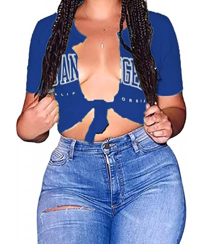 Womens Sexy Tie Front Crop Top Short Sleeve Graphic Tee Shirt Clubwear Letter Royal Blue $9.35 T-Shirts