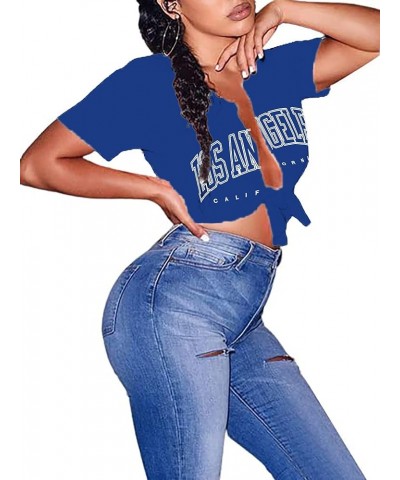 Womens Sexy Tie Front Crop Top Short Sleeve Graphic Tee Shirt Clubwear Letter Royal Blue $9.35 T-Shirts