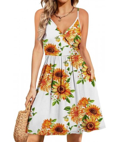 Women's 2024 Summer Dresses V Neck Spaghetti Strap Sundress Casual Beach Flowy Mini Dress with Pockets Sunflower White $17.67...