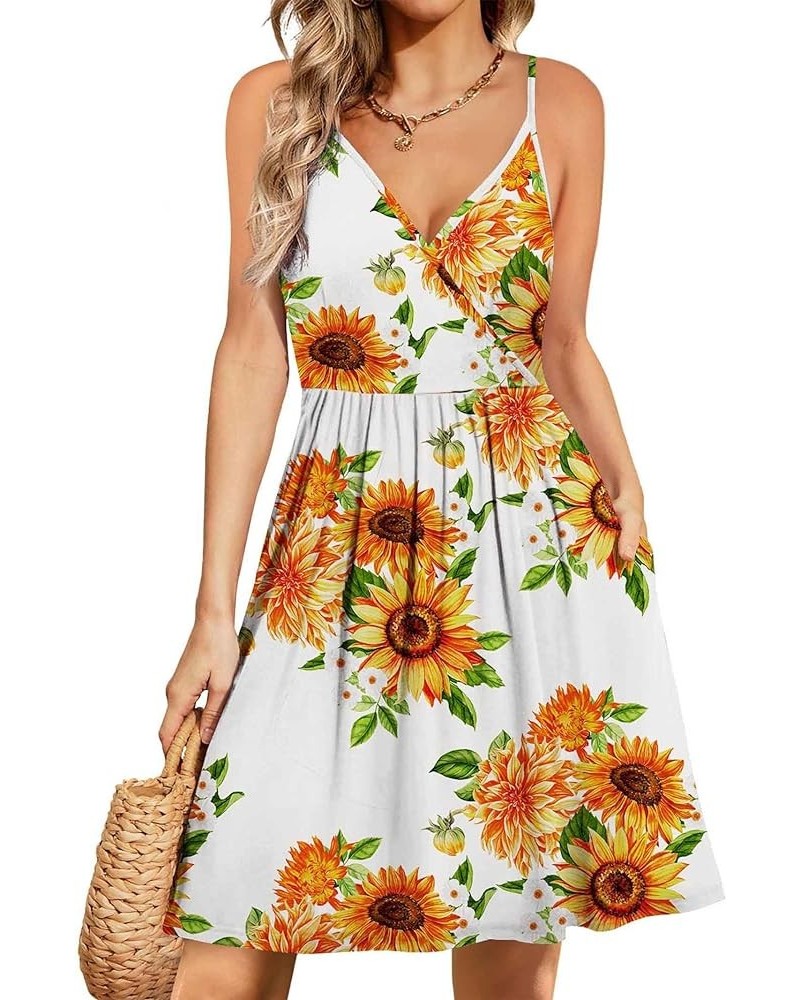 Women's 2024 Summer Dresses V Neck Spaghetti Strap Sundress Casual Beach Flowy Mini Dress with Pockets Sunflower White $17.67...