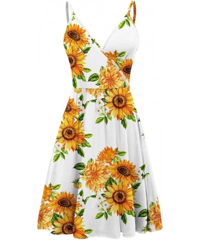 Women's 2024 Summer Dresses V Neck Spaghetti Strap Sundress Casual Beach Flowy Mini Dress with Pockets Sunflower White $17.67...