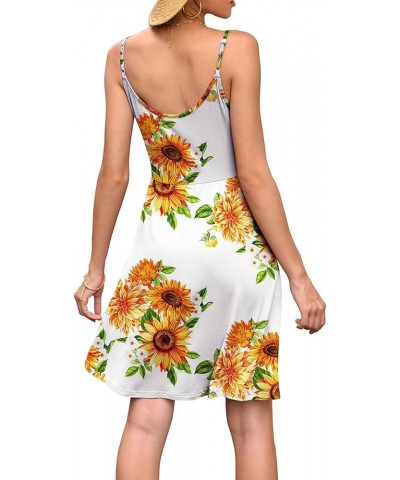 Women's 2024 Summer Dresses V Neck Spaghetti Strap Sundress Casual Beach Flowy Mini Dress with Pockets Sunflower White $17.67...