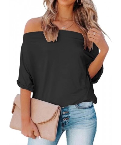 Women's Off The Shoulder Tops Boat Neck Short Sleeve Batwing Shirts Summer Loose Tunic Blouse 01 Black $12.99 Blouses