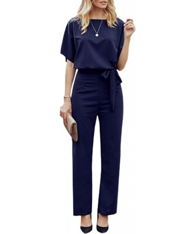 Women´s Short Sleeve Wide Leg Jumpsuits Elegant Hollow Out Crewneck Solid Color Rompers Overall with Belt Navy $13.19 Jumpsuits