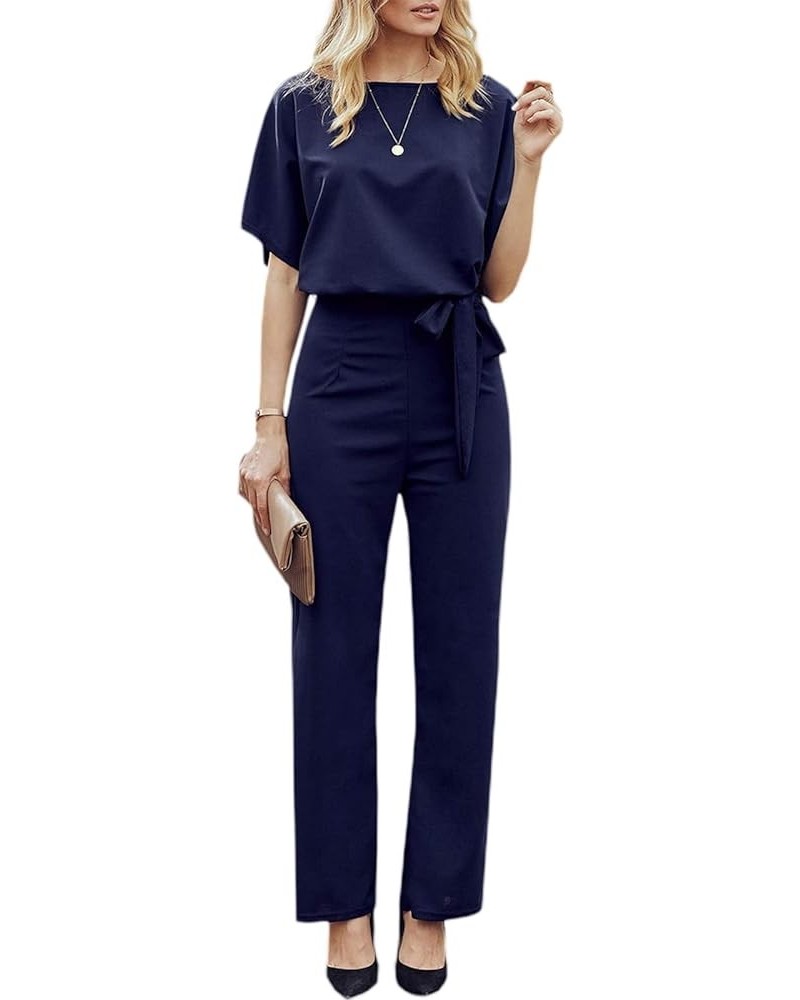 Women´s Short Sleeve Wide Leg Jumpsuits Elegant Hollow Out Crewneck Solid Color Rompers Overall with Belt Navy $13.19 Jumpsuits