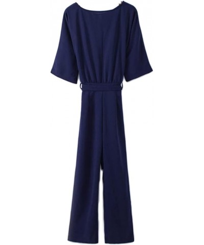 Women´s Short Sleeve Wide Leg Jumpsuits Elegant Hollow Out Crewneck Solid Color Rompers Overall with Belt Navy $13.19 Jumpsuits