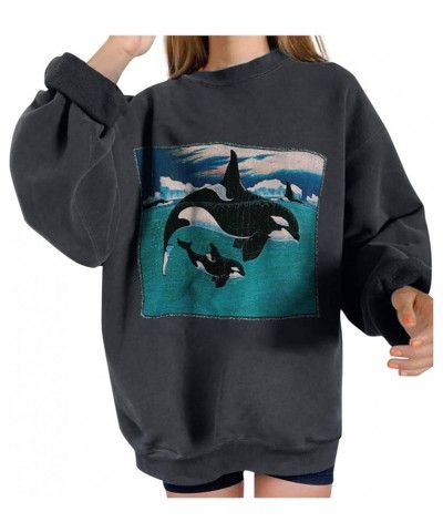 Sweatshirt for Women Ocean Theme Shirts Long Sleeve Crewneck Killer Whale Graphic Print Tshirt Oversize Pullover Tops Dark Gr...