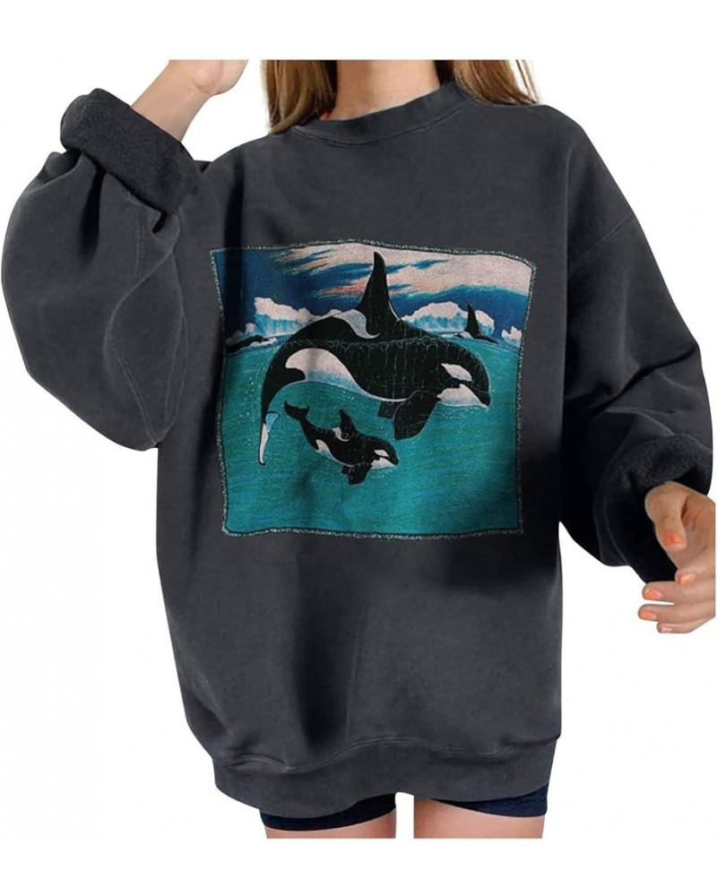 Sweatshirt for Women Ocean Theme Shirts Long Sleeve Crewneck Killer Whale Graphic Print Tshirt Oversize Pullover Tops Dark Gr...