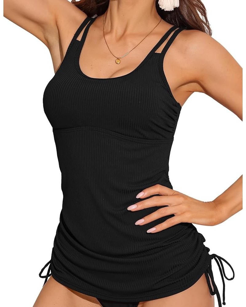 Women's Tankini Top Tie-Side Drawstrings Bathing Suit Top Ribbed Fabric Tummy Control Sporty Swimsuit Top Black $13.48 Swimsuits