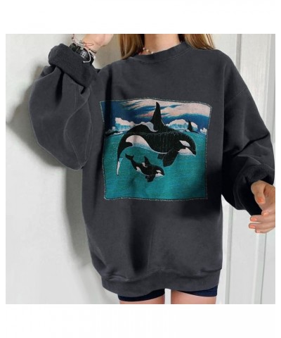 Sweatshirt for Women Ocean Theme Shirts Long Sleeve Crewneck Killer Whale Graphic Print Tshirt Oversize Pullover Tops Dark Gr...