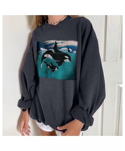 Sweatshirt for Women Ocean Theme Shirts Long Sleeve Crewneck Killer Whale Graphic Print Tshirt Oversize Pullover Tops Dark Gr...