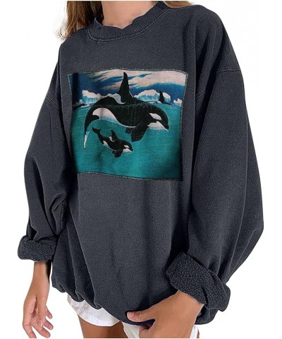 Sweatshirt for Women Ocean Theme Shirts Long Sleeve Crewneck Killer Whale Graphic Print Tshirt Oversize Pullover Tops Dark Gr...