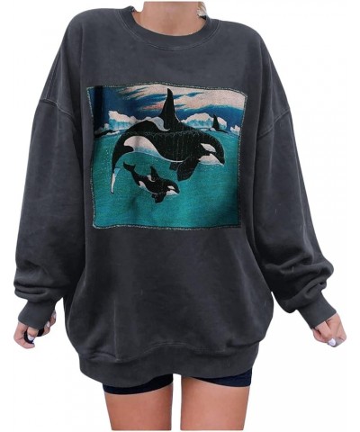 Sweatshirt for Women Ocean Theme Shirts Long Sleeve Crewneck Killer Whale Graphic Print Tshirt Oversize Pullover Tops Dark Gr...