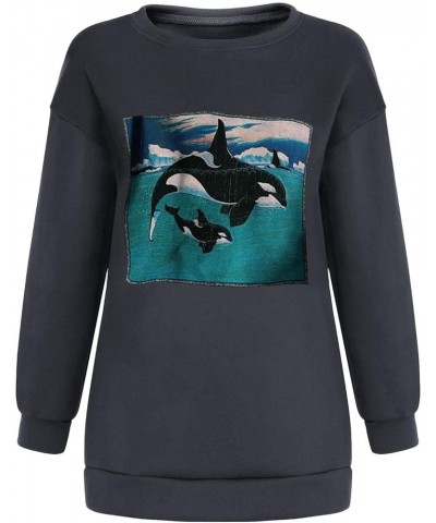 Sweatshirt for Women Ocean Theme Shirts Long Sleeve Crewneck Killer Whale Graphic Print Tshirt Oversize Pullover Tops Dark Gr...