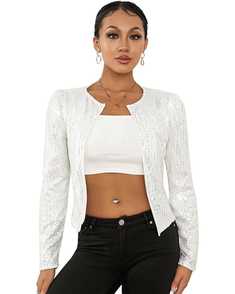 Women Casual Sequin Jacket Long Sleeve Open Front Glitter Cropped Blazer Bolero Shrug Coat Silver $12.87 Blazers