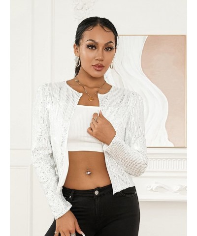 Women Casual Sequin Jacket Long Sleeve Open Front Glitter Cropped Blazer Bolero Shrug Coat Silver $12.87 Blazers