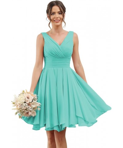 Double V Neck Short Bridesmaid Dresses for Women 2024 Chiffon A Line Formal Evening Gowns with Pockets YJ114 Turquoise $25.20...