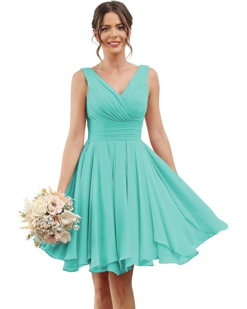 Double V Neck Short Bridesmaid Dresses for Women 2024 Chiffon A Line Formal Evening Gowns with Pockets YJ114 Turquoise $25.20...