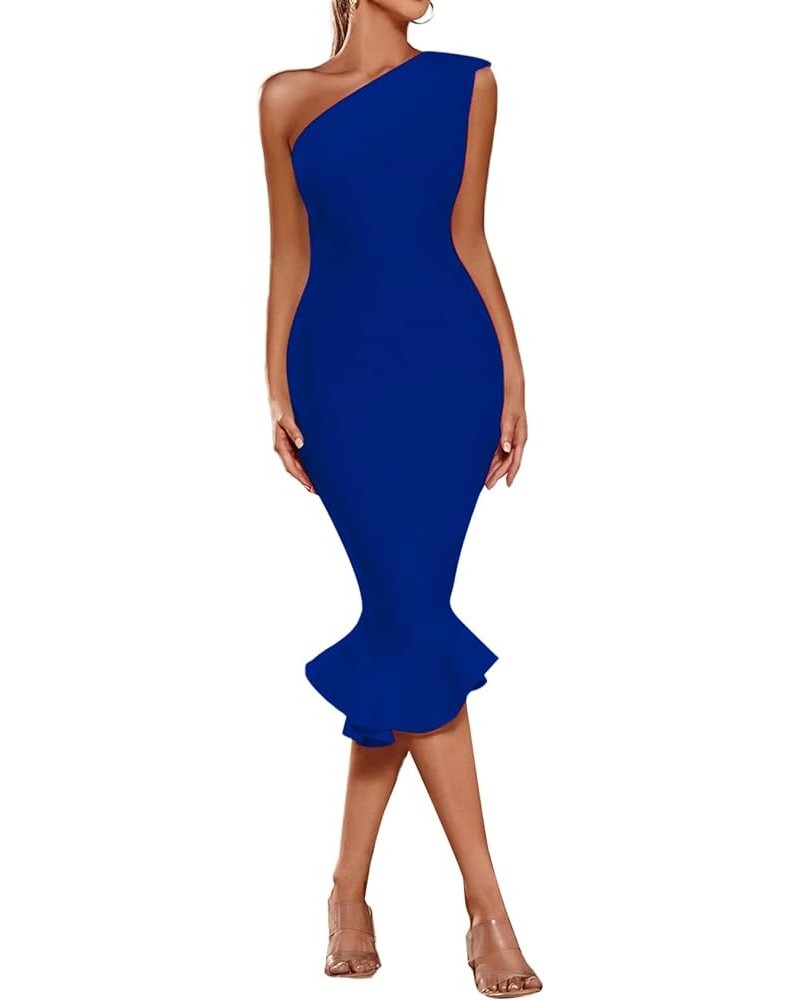 Women's One Shoulder Sleeveless Ruffle Hem Cocktail Bodycon Midi Dress Royal Blue $24.19 Dresses