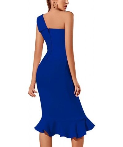 Women's One Shoulder Sleeveless Ruffle Hem Cocktail Bodycon Midi Dress Royal Blue $24.19 Dresses