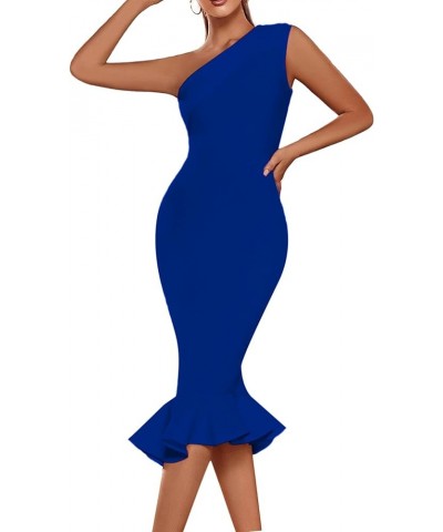 Women's One Shoulder Sleeveless Ruffle Hem Cocktail Bodycon Midi Dress Royal Blue $24.19 Dresses