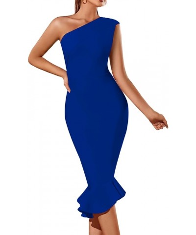 Women's One Shoulder Sleeveless Ruffle Hem Cocktail Bodycon Midi Dress Royal Blue $24.19 Dresses