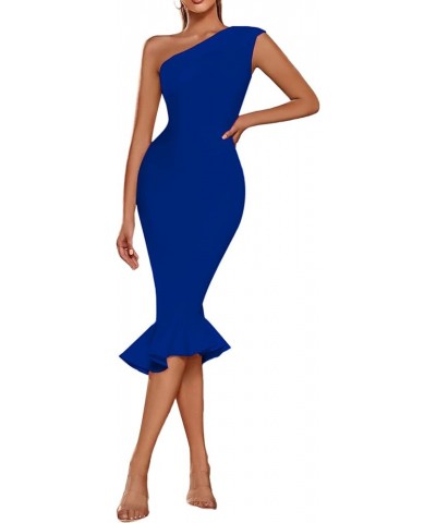 Women's One Shoulder Sleeveless Ruffle Hem Cocktail Bodycon Midi Dress Royal Blue $24.19 Dresses