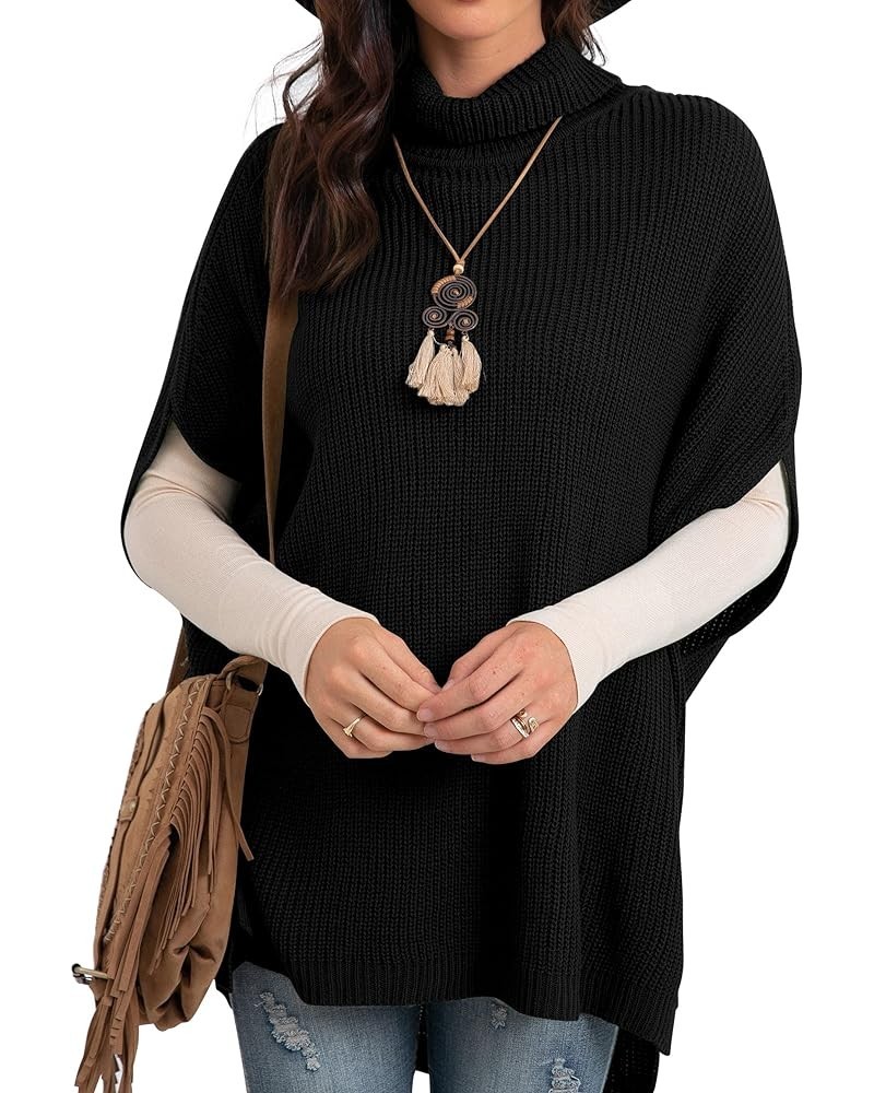 Women Turtleneck Oversized Knit Batwing Sleeveless Loose High Low Hem Side Slit Pullover Sweater 04 Black $23.93 Sweaters