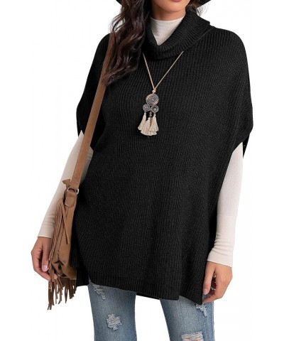 Women Turtleneck Oversized Knit Batwing Sleeveless Loose High Low Hem Side Slit Pullover Sweater 04 Black $23.93 Sweaters