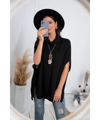 Women Turtleneck Oversized Knit Batwing Sleeveless Loose High Low Hem Side Slit Pullover Sweater 04 Black $23.93 Sweaters