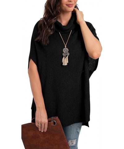 Women Turtleneck Oversized Knit Batwing Sleeveless Loose High Low Hem Side Slit Pullover Sweater 04 Black $23.93 Sweaters