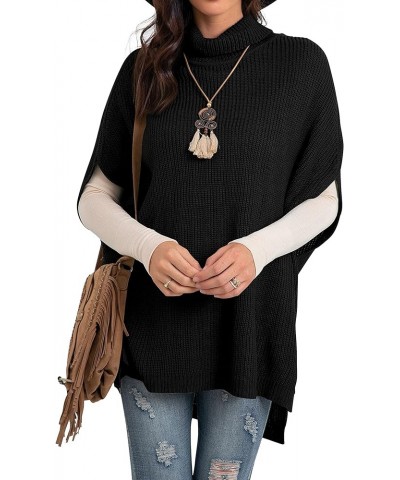 Women Turtleneck Oversized Knit Batwing Sleeveless Loose High Low Hem Side Slit Pullover Sweater 04 Black $23.93 Sweaters